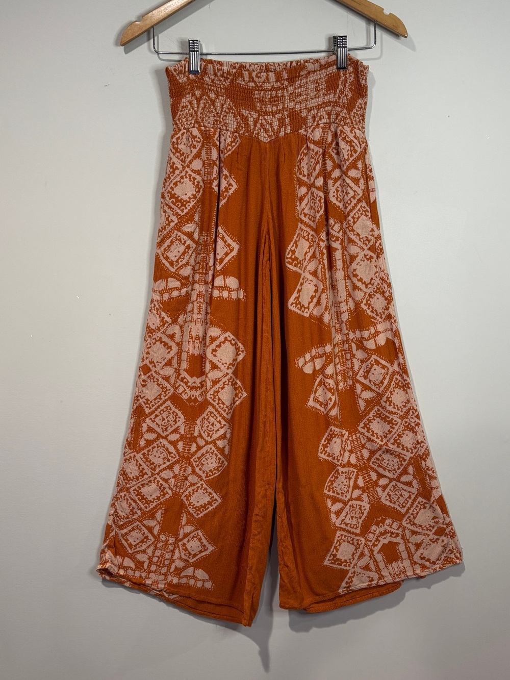 Free People Orange Batik Print Smocked Waist Wide Leg Palazzo Pants Boho XS